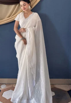 Embellished Organza Scalloped Saree in White