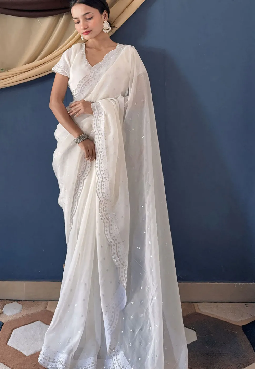 Embellished Organza Scalloped Saree in White