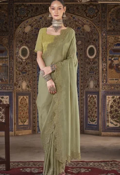 Embellished Organza Silk Scalloped Saree in Dusty Green