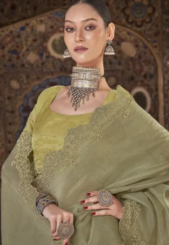 Embellished Organza Silk Scalloped Saree in Dusty Green