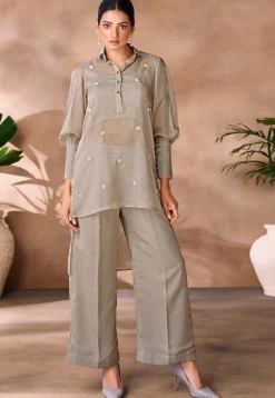Embellished Organza Tunic Set in Grey