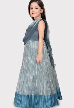 Embellished Polyester Gown with attached Dupatta in Dusty Blue and Grey