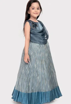 Embellished Polyester Gown with attached Dupatta in Dusty Blue and Grey