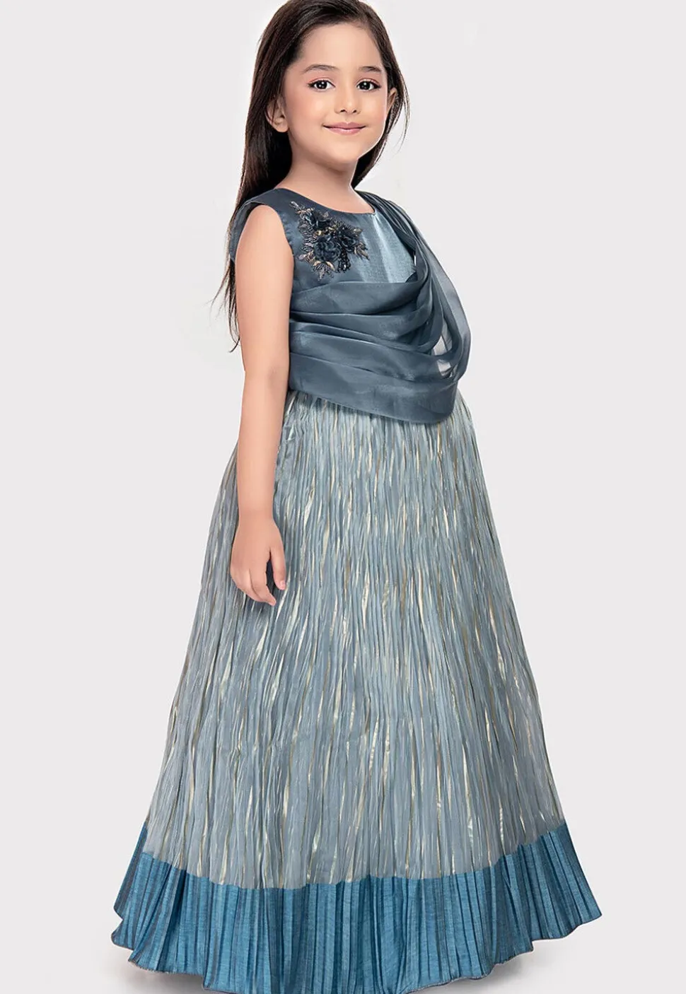 Embellished Polyester Gown with attached Dupatta in Dusty Blue and Grey