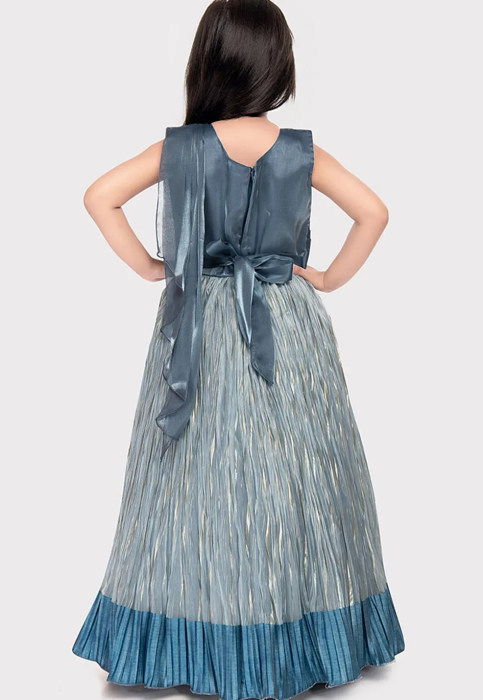 Embellished Polyester Gown with attached Dupatta in Dusty Blue and Grey
