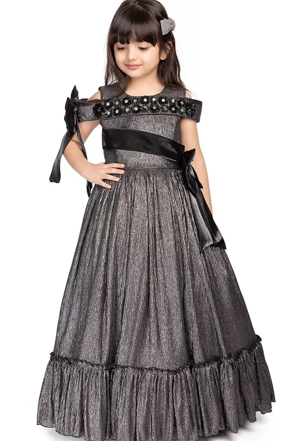 Embellished Polyester Gown in Grey