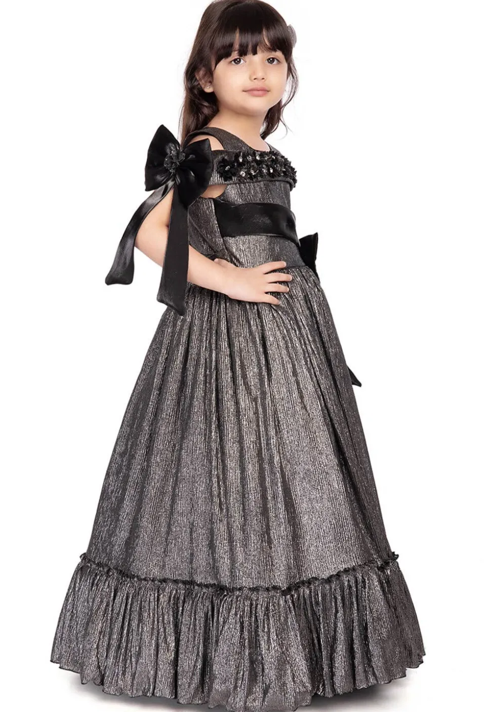 Embellished Polyester Gown in Grey