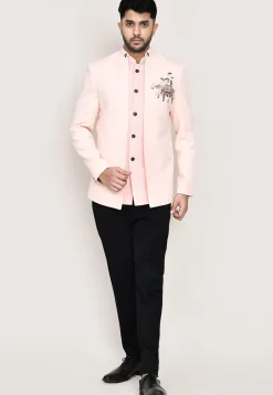 Embellished Polyester Jodhpuri Suit in Peach