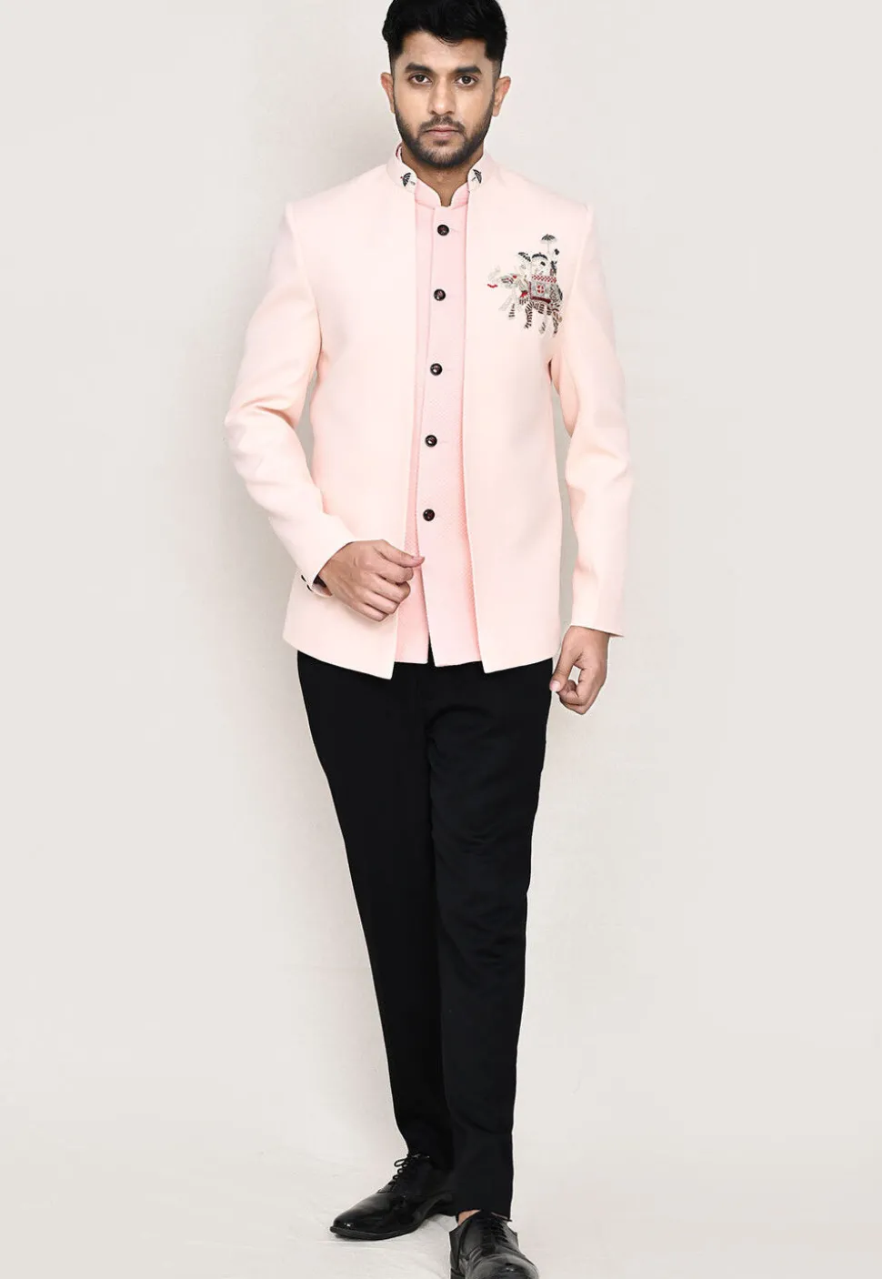 Embellished Polyester Jodhpuri Suit in Peach