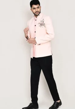 Embellished Polyester Jodhpuri Suit in Peach