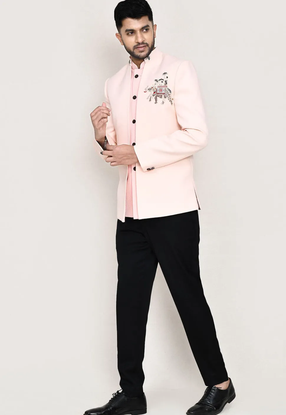 Embellished Polyester Jodhpuri Suit in Peach