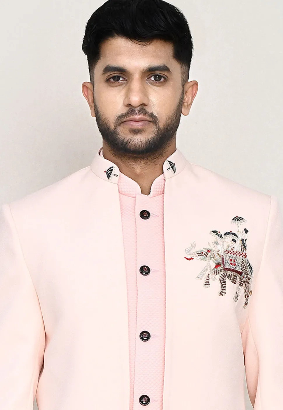 Embellished Polyester Jodhpuri Suit in Peach