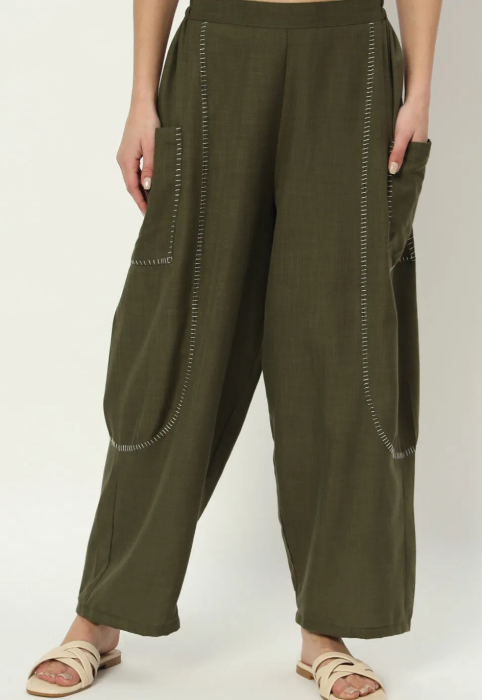 Embellished Pure Cotton Pant in Dark Olive Green