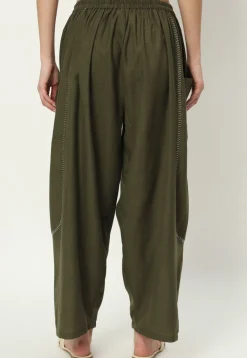 Embellished Pure Cotton Pant in Dark Olive Green