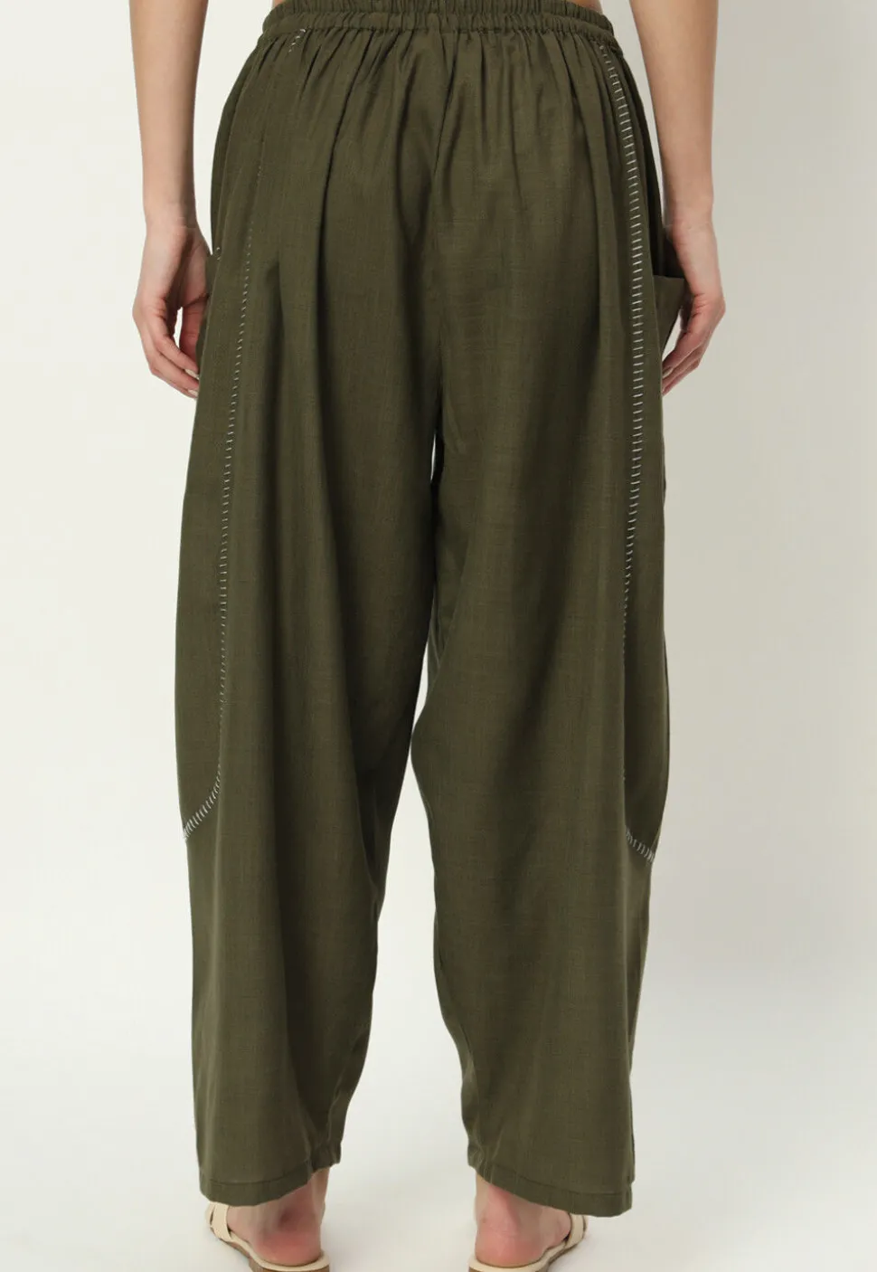 Embellished Pure Cotton Pant in Dark Olive Green