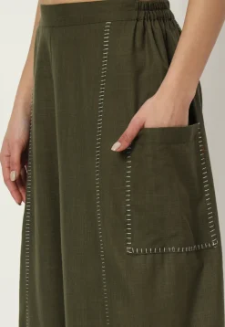 Embellished Pure Cotton Pant in Dark Olive Green