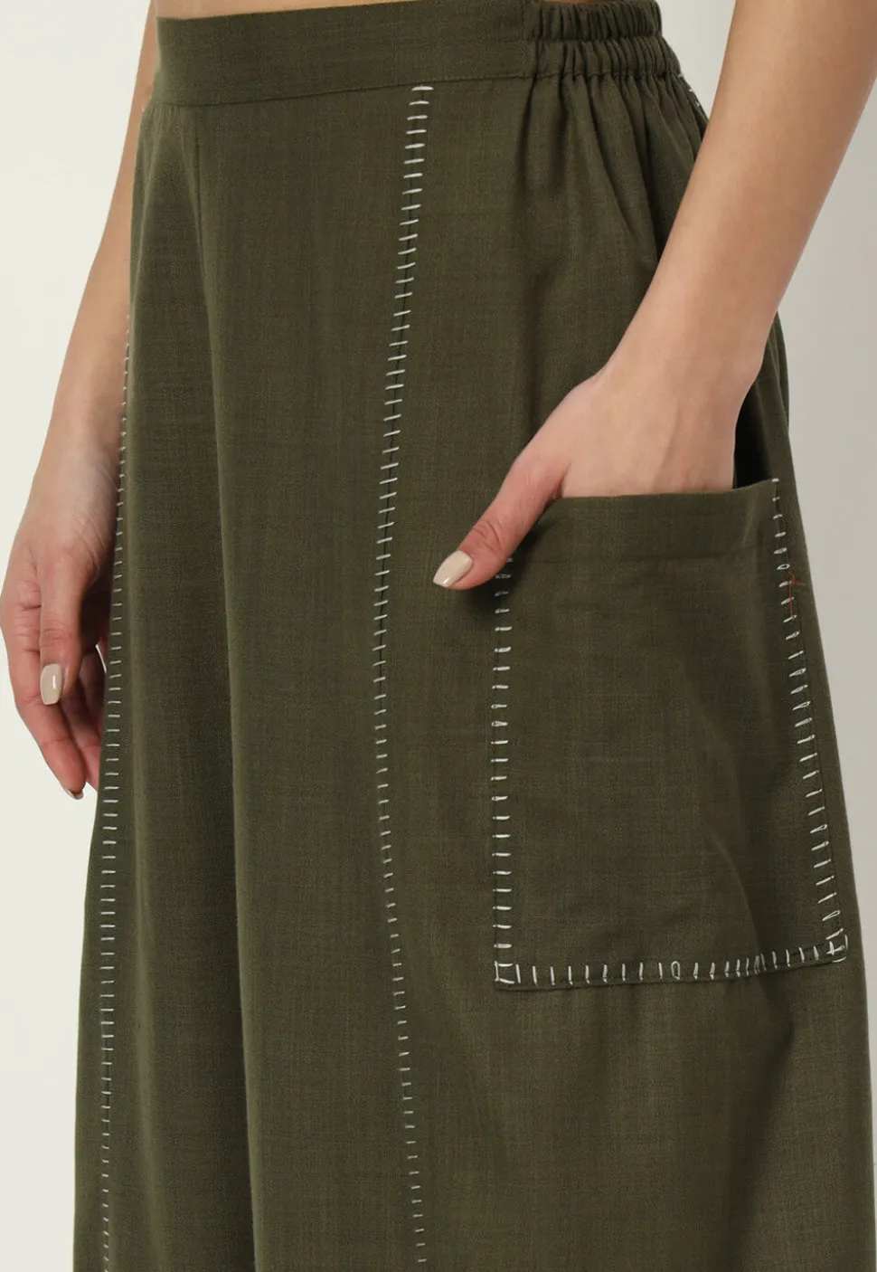 Embellished Pure Cotton Pant in Dark Olive Green