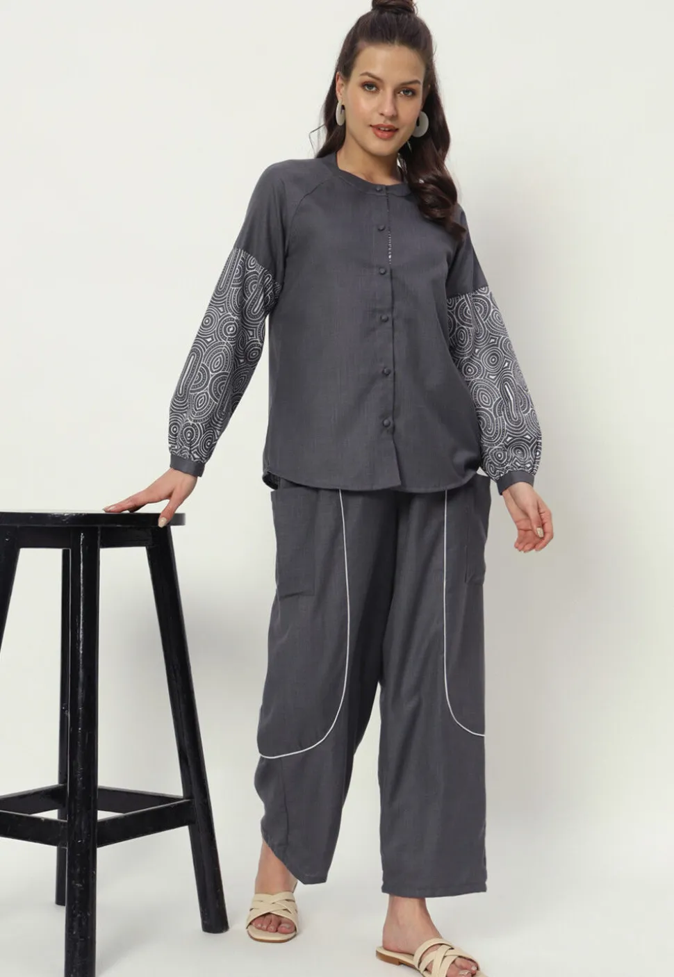 Embellished Pure Cotton Pant in Grey