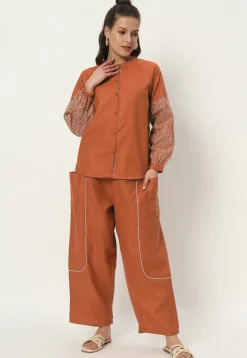 Embellished Pure Cotton Pant in Rust