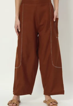 Embellished Pure Cotton Pant in Brown