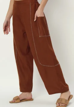 Embellished Pure Cotton Pant in Brown