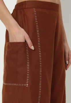 Embellished Pure Cotton Pant in Brown