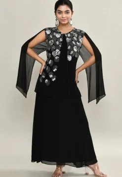 Embellished Pure Georgette Maxi Dress in Black
