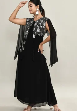 Embellished Pure Georgette Maxi Dress in Black