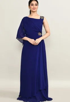 Embellished Pure Georgette Gown in Navy Blue