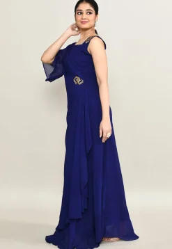 Embellished Pure Georgette Gown in Navy Blue