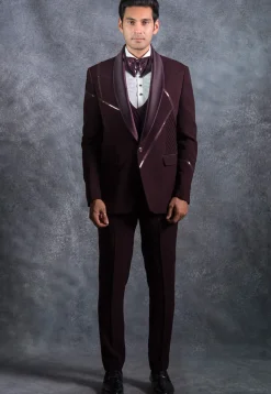 Embellished Pure Terry Rayon Tuxedo Set in Wine