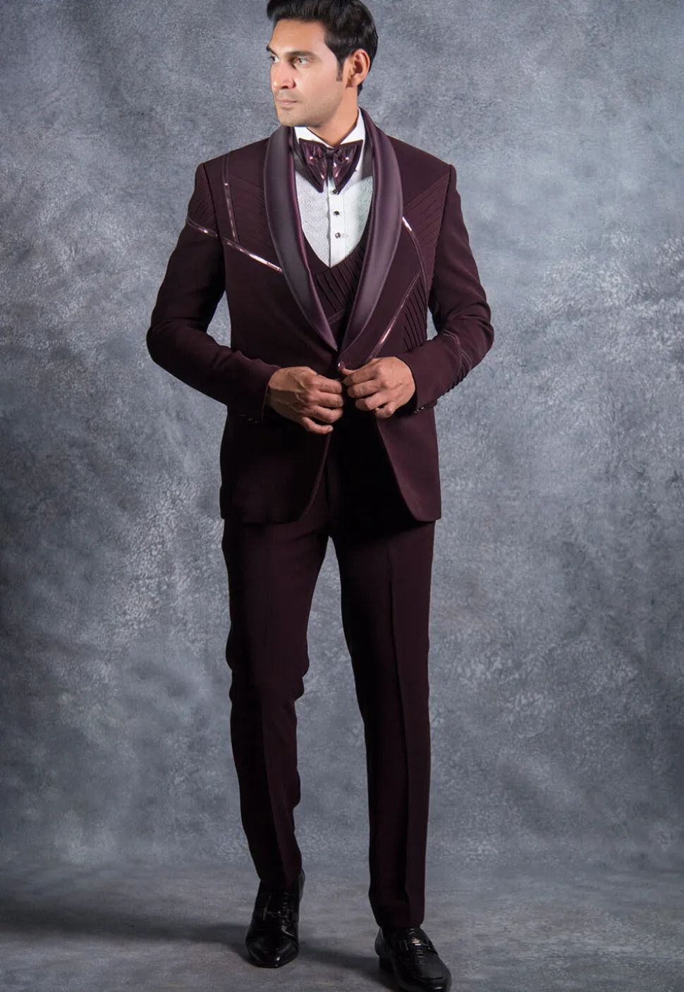 Embellished Pure Terry Rayon Tuxedo Set in Wine