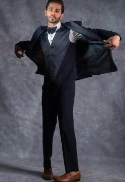 Embellished Pure Terry Rayon Tuxedo Set in Dark Blue