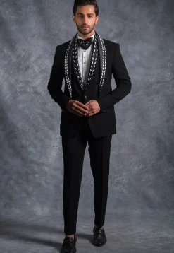 Embellished Pure Terry Rayon Tuxedo Set in Black