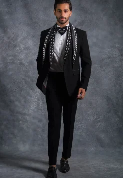 Embellished Pure Terry Rayon Tuxedo Set in Black