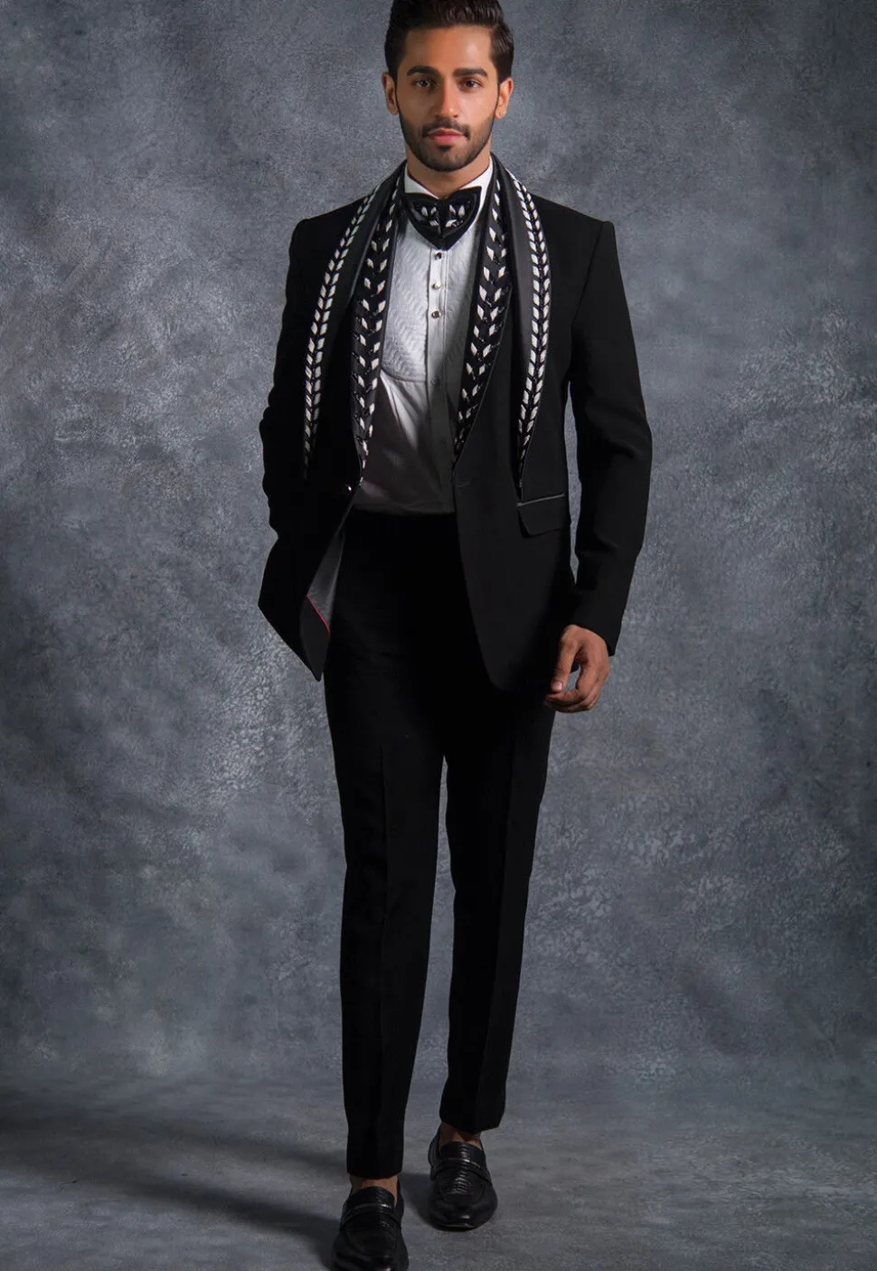 Embellished Pure Terry Rayon Tuxedo Set in Black