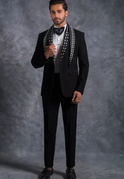 Embellished Pure Terry Rayon Tuxedo Set in Black