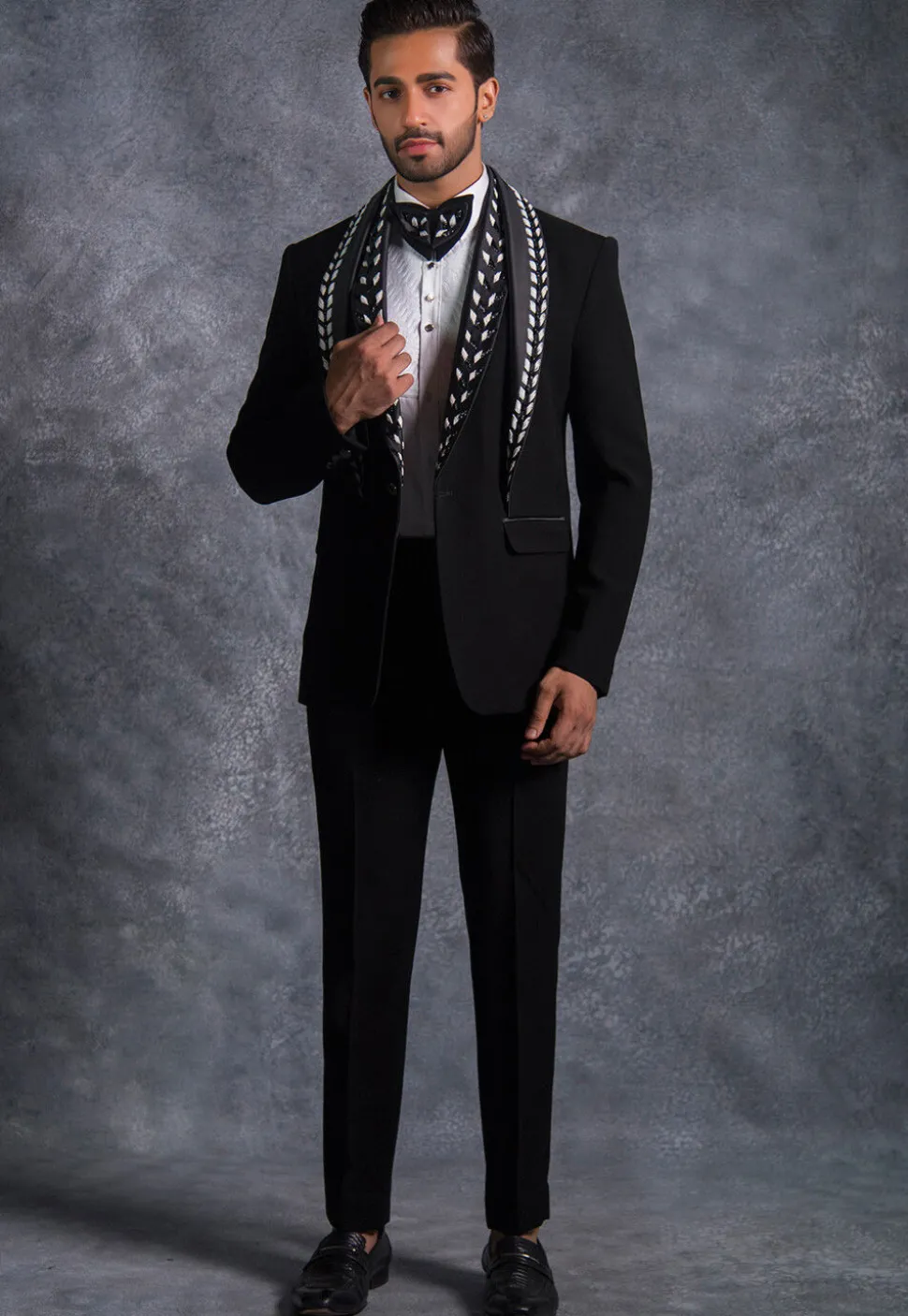 Embellished Pure Terry Rayon Tuxedo Set in Black