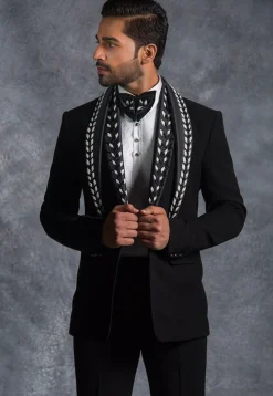 Embellished Pure Terry Rayon Tuxedo Set in Black