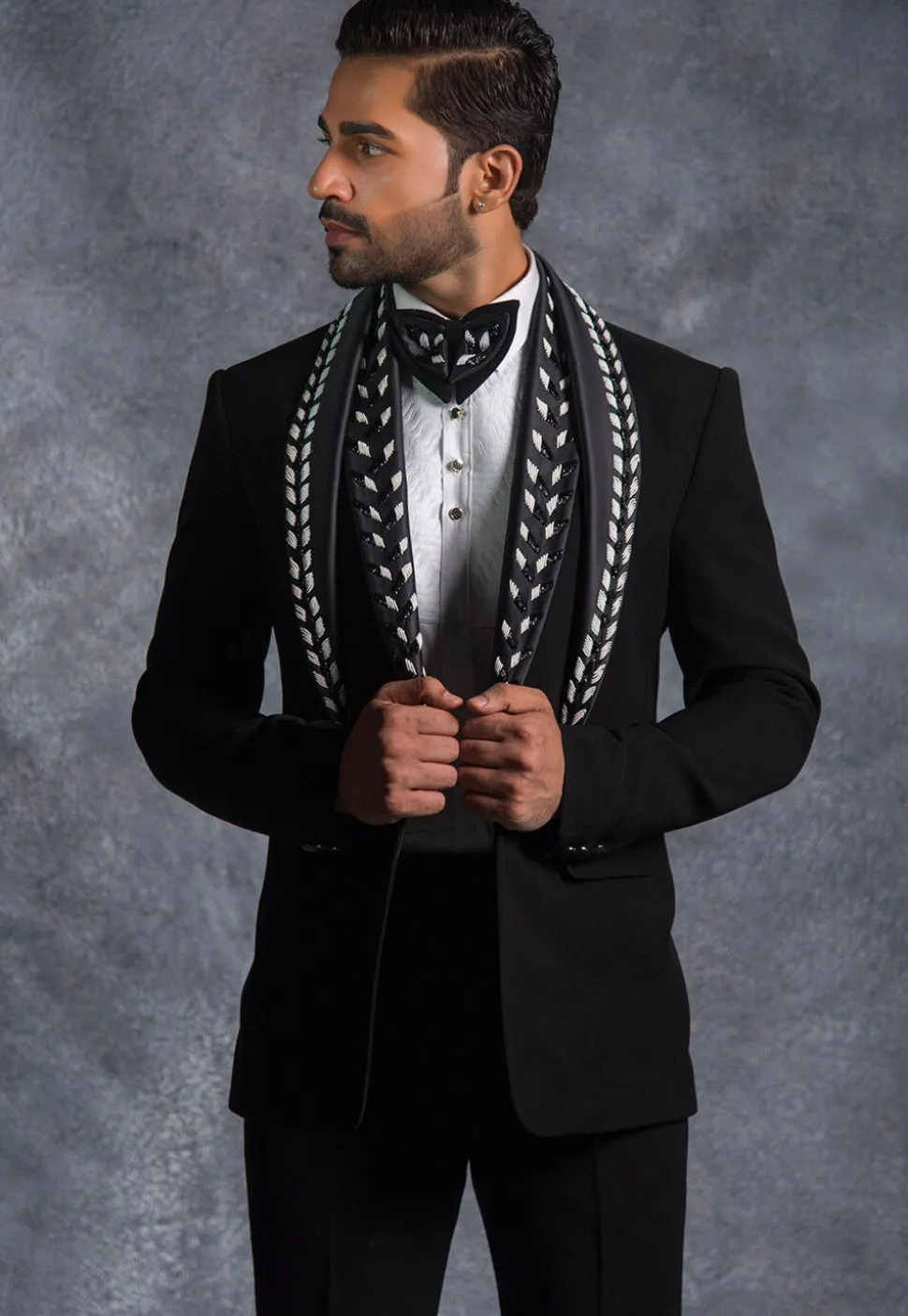 Embellished Pure Terry Rayon Tuxedo Set in Black