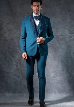 Embellished Pure Terry Rayon Tuxedo Set in Teal Blue