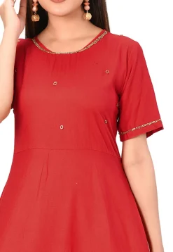 Embellished Rayon Long Kurta in Red
