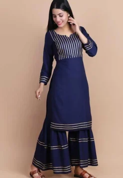 Embellished Rayon Straight Kurta in Navy Blue