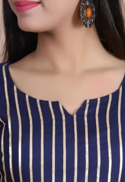 Embellished Rayon Straight Kurta in Navy Blue