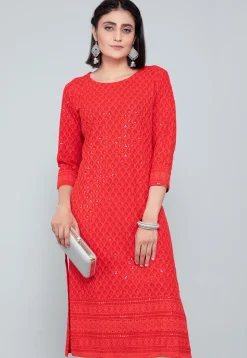 Embellished Rayon Straight Kurti in Red