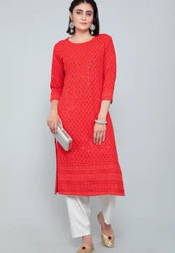 Embellished Rayon Straight Kurti in Red