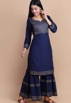 Embellished Rayon Straight Kurta Set in Navy Blue