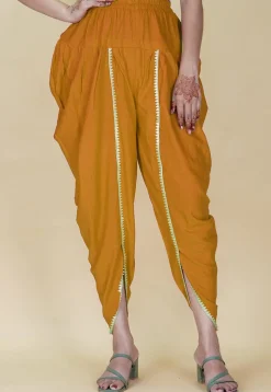 Embellished Rayon Tulip Pant in Mustard