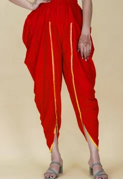 Embellished Rayon Tulip Pant in Red