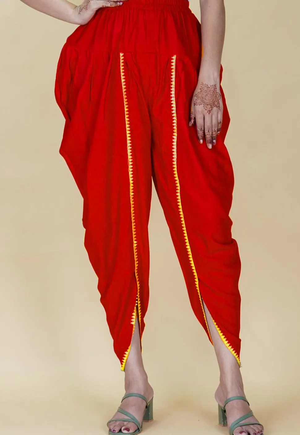 Embellished Rayon Tulip Pant in Red